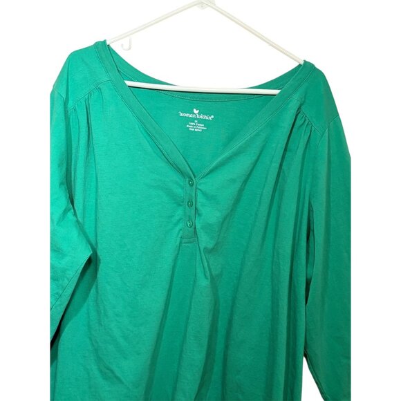 Woman Within 3X Green Cotton 3/4 Sleeve V-Neck Tunic Top Button Details Comfort - Picture 2 of 5